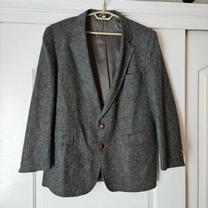 Vintage Tweed Sack Blazer Sports Coat 46R Grey Herringbone Wool Windowpane Ivy